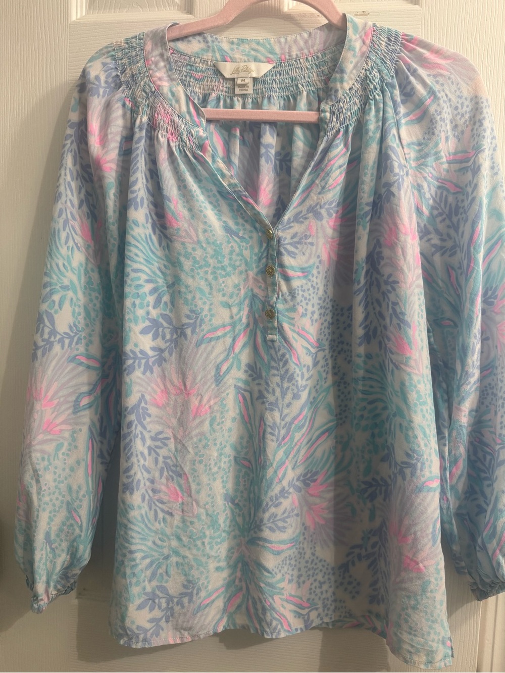 Lilly Pulitzer Pastel Blue Floral Smocked-Yoke Tunic
